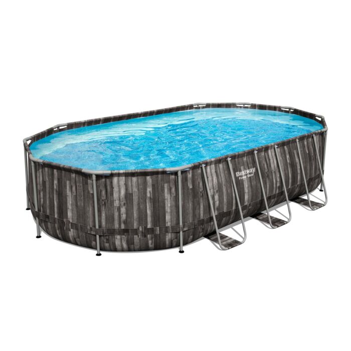 Piscina  Desmontável Tubular Power Steel™ Oval de 6,10 x 3,66 x 1,22 com Desenho em Madeira e Filtro de Areia de 5678 L/H