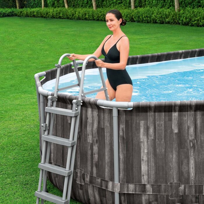 Piscina  Desmontável Tubular Power Steel™ Oval de 6,10 x 3,66 x 1,22 com Desenho em Madeira e Filtro de Areia de 5678 L/H