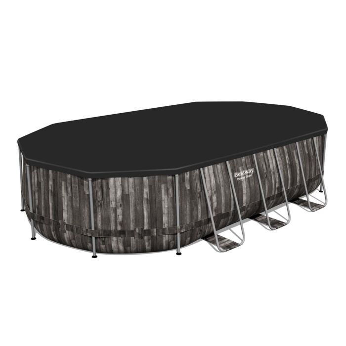 Piscina  Desmontável Tubular Power Steel™ Oval de 6,10 x 3,66 x 1,22 com Desenho em Madeira e Filtro de Areia de 5678 L/H