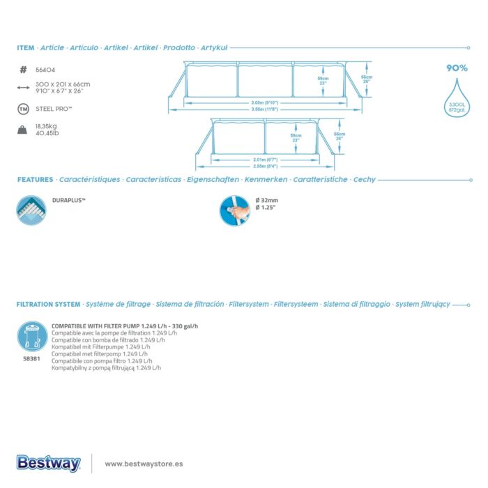 Piscina Desmontável Bestway® Steel Pro™ de 3,00 m x 2,01 m x 66 cm