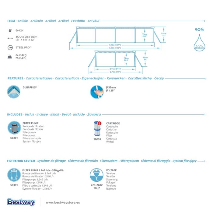 Piscina Desmontável Bestway® Steel Pro™ de 4,00 m x 2,11 m x 81 cm