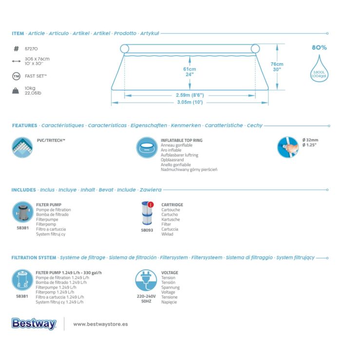 Piscina Desmontável Bestway Fast Set 3,05 m x76 cm com Bomba de Filtragem de 1.249 litros/h