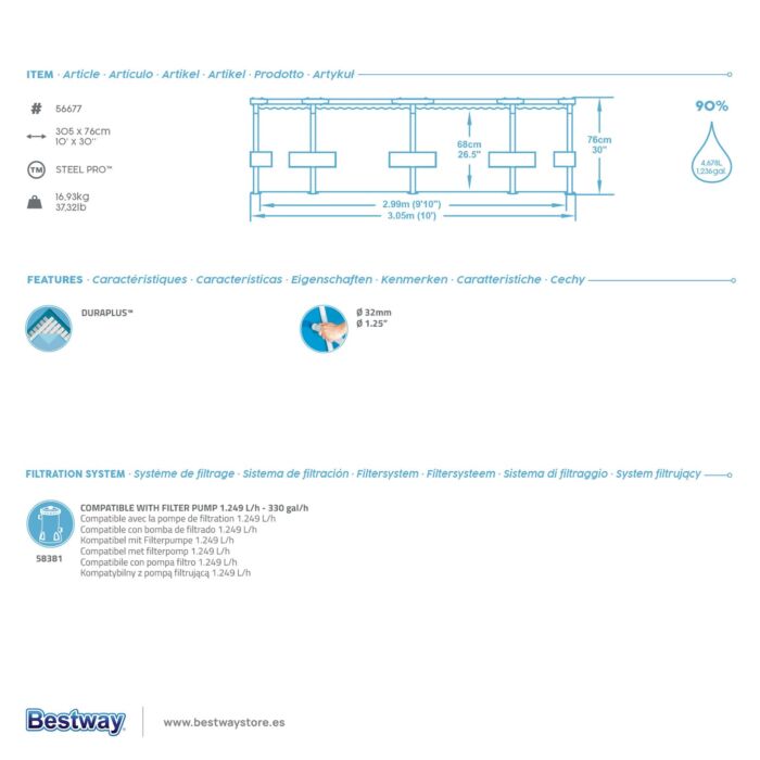 Piscina Desmontável Bestway® Steel Pro™ de 3,05 m x 76 cm