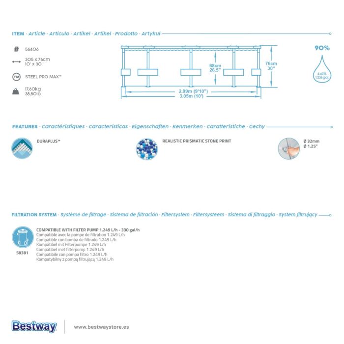 Conjunto de Piscina Desmontável Bestway® Steel Pro MAX™ de 3,05 m x 76 cm