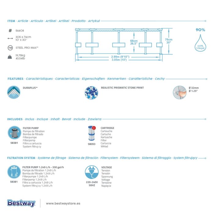 Conjunto de Piscina Desmontável Bestway® Steel Pro MAX™ de 3,05 m x 76 cm