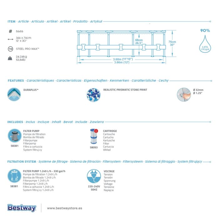 Conjunto de Piscina Desmontável Bestway® Steel Pro MAX™ de 3,66 m x 76 cm