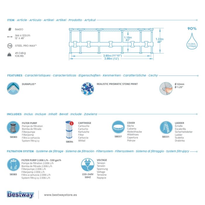 Conjunto de Piscina Desmontável Bestway® Steel Pro MAX™ de 3,66 m x 1,22 m