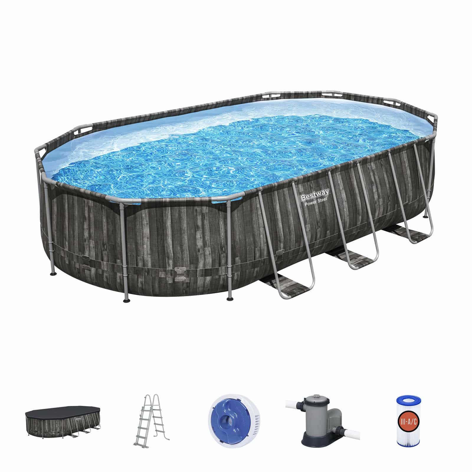 Conjunto de Piscina Desmontável Tubular Bestway® Power Steel­™ Oval Desenho de Madeira de 6,10 m x 3,66 m x1,22 m com Bomba de Filtragem de 5678 L/h