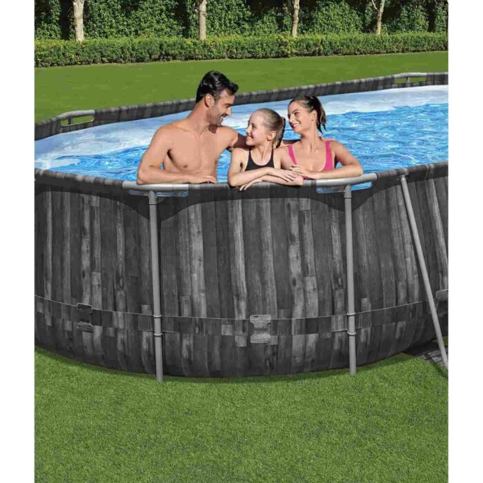 Conjunto de Piscina Desmontável Tubular Bestway® Power Steel­™ Oval Desenho de Madeira de 6,10 m x 3,66 m x1,22 m com Bomba de Filtragem de 5678 L/h