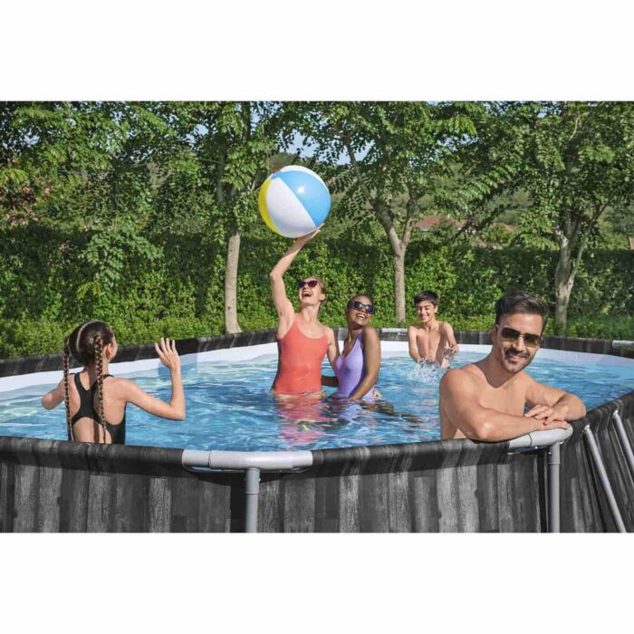 Conjunto de Piscina Desmontável Tubular Bestway® Power Steel­™ Oval Desenho de Madeira de 6,10 m x 3,66 m x1,22 m com Bomba de Filtragem de 5678 L/h