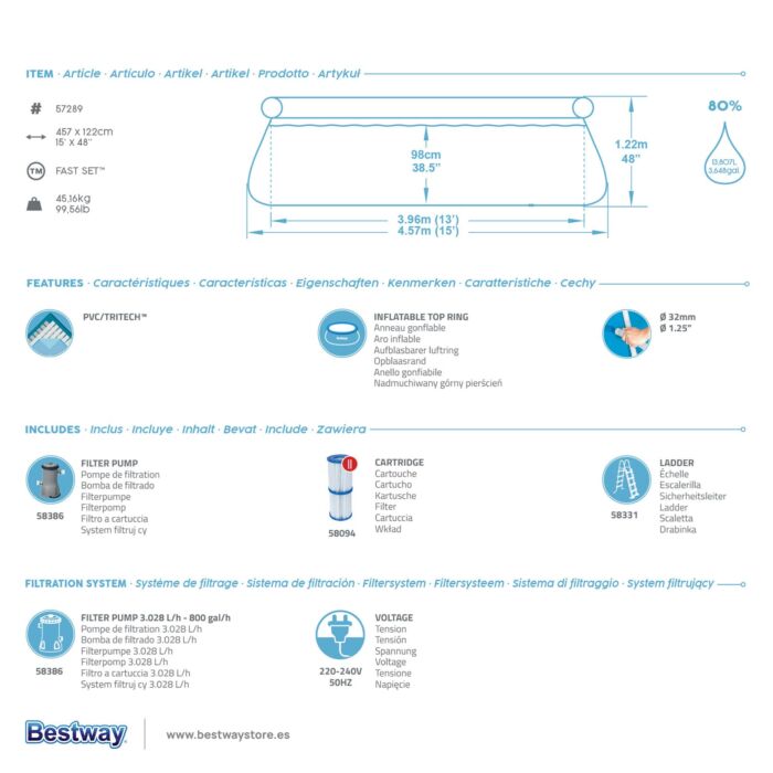 Conjunto de Piscina Insuflável Redonda Bestway® Fast Set™ de 4,57 m x 1,22 m