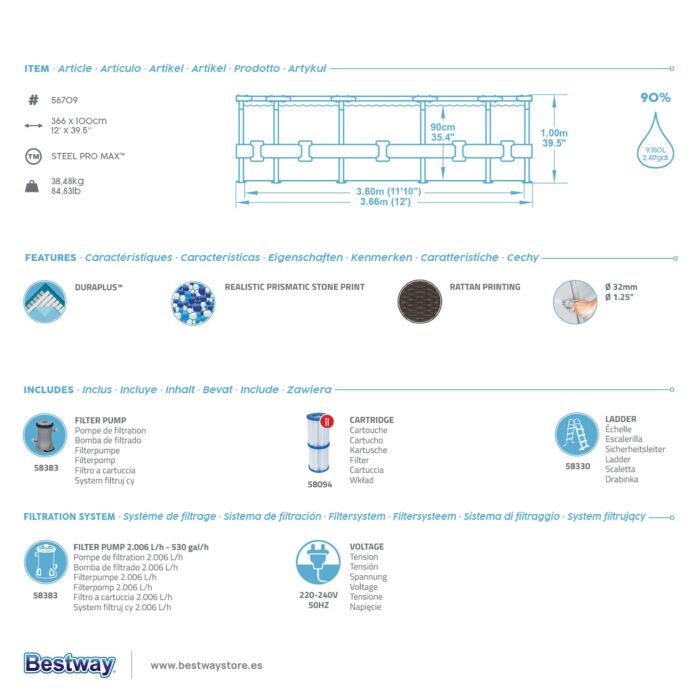 Conjunto de Piscina Desmontável Bestway® Steel Pro MAX™ de 3,66 m x 1,00 m