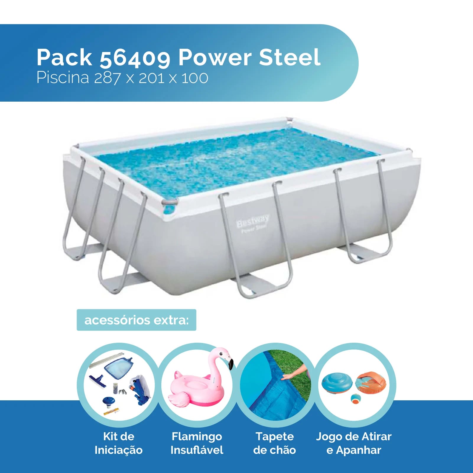 Conjunto de Piscina Desmontável Retangular Bestway® Power Steel ™, 2,87 m x 2,01 m x 1,00 m