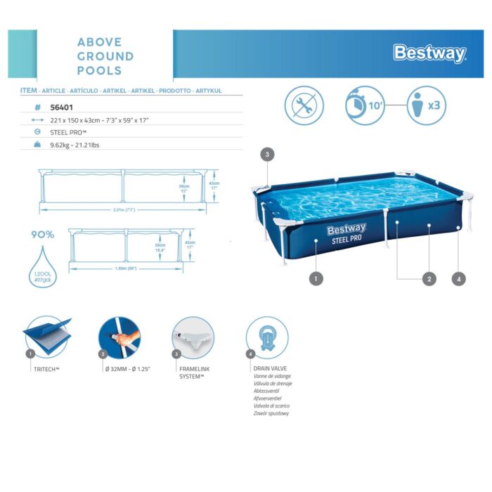 Piscina Desmontável Retangular Bestway® Steel Pro™ 2,21 m x 1,50 m x 43 cm