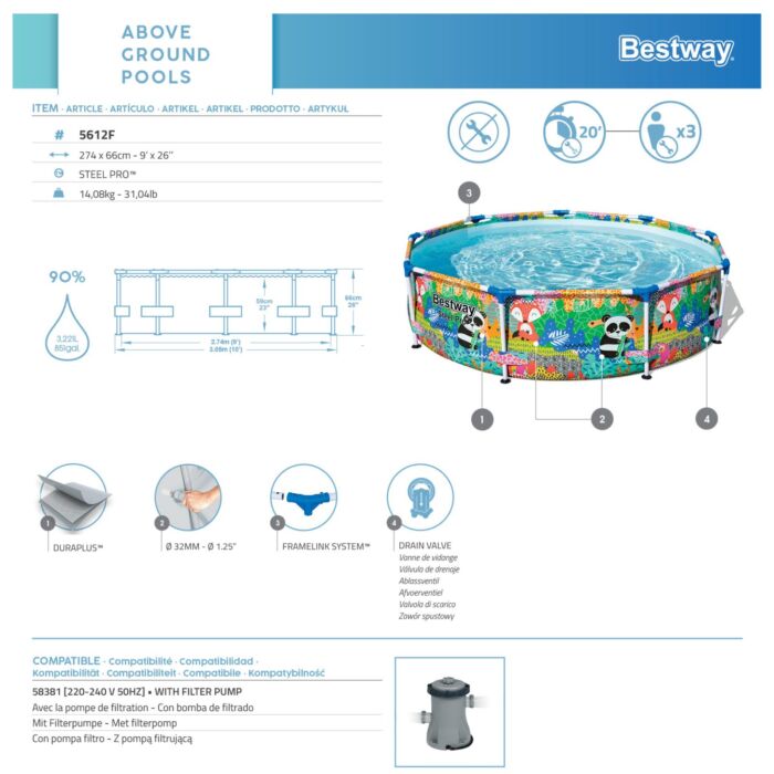 Conjunto de Piscina Desmontável Bestway® Steel Pro Desenhos de Animais 2.74 m x 66 cm