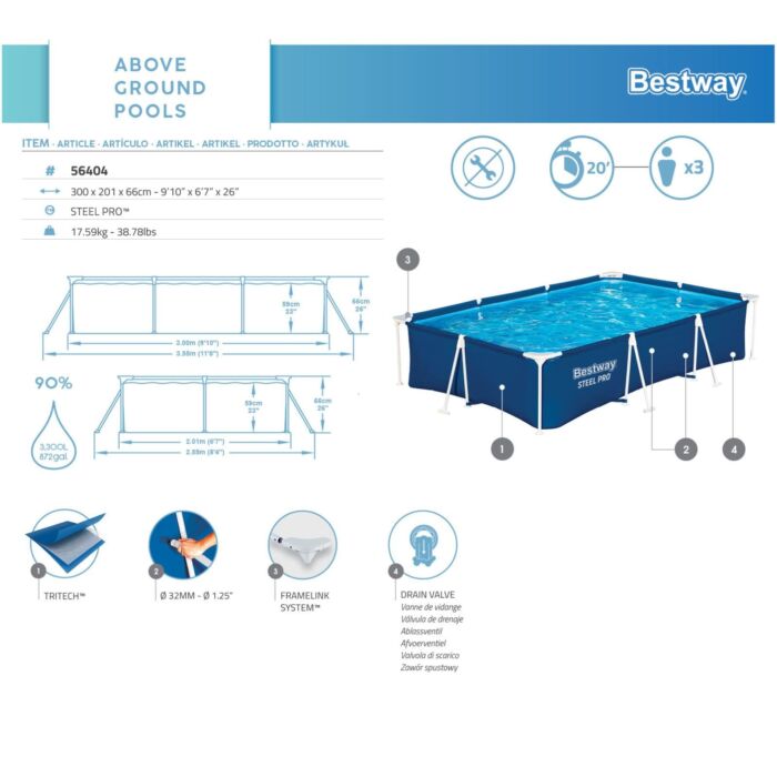 Piscina Desmontável Retangular Bestway® Steel Pro™ 3,00 m x 2,01 m x 66 cm