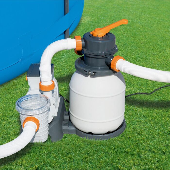 Piscina  Desmontável Tubular Power Steel™ Oval de 6,10 x 3,66 x 1,22 com Desenho em Madeira e Filtro de Areia de 5678 L/H