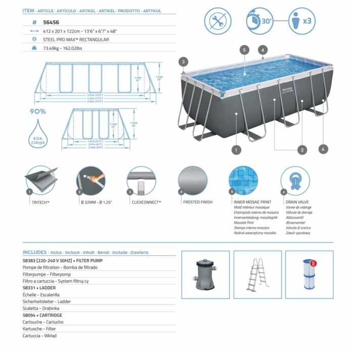 Piscina desmontável Bestway Steel Pro MAX 4,12 m x 2,01 m x 1,22 m