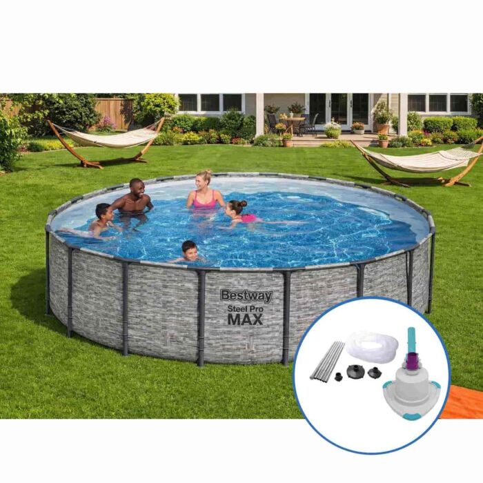 Pack Piscina Steel Pro Max pedra 549 x 122 cm com Kit de limpeza de fundo