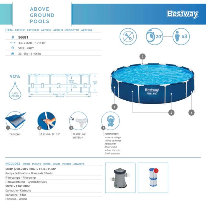 Piscina desmontável redonda Steel Pro MAX 3,66 m x 76 cm