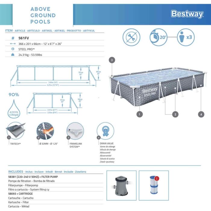 Piscina desmontável retangular Steel Pro 3,66 m x 2,01 m x 66 cm