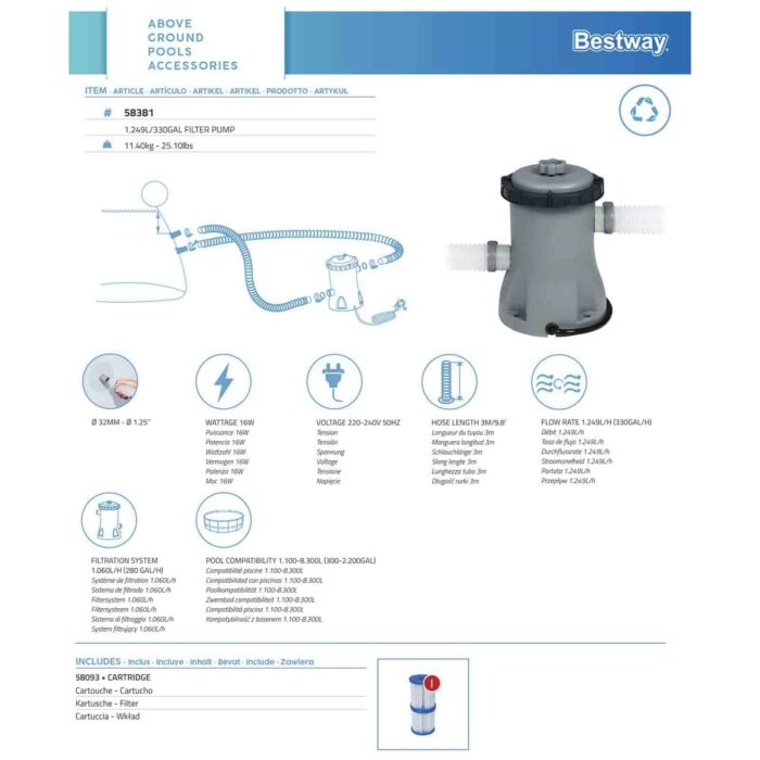 Depuradora de cartucho para piscinas Bestway 1.249 L