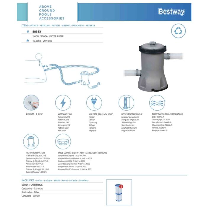 Depuradora de cartucho piscinas Bestway 2.006 L