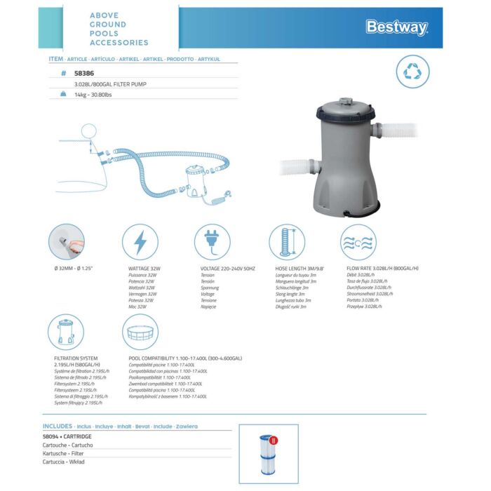 Depuradora de cartucho piscinas Bestway 3.028 L